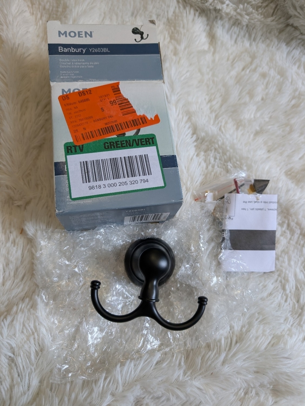 Moen Banbury Y3603BL Double Robe Hook Matte Black Finish New In Box